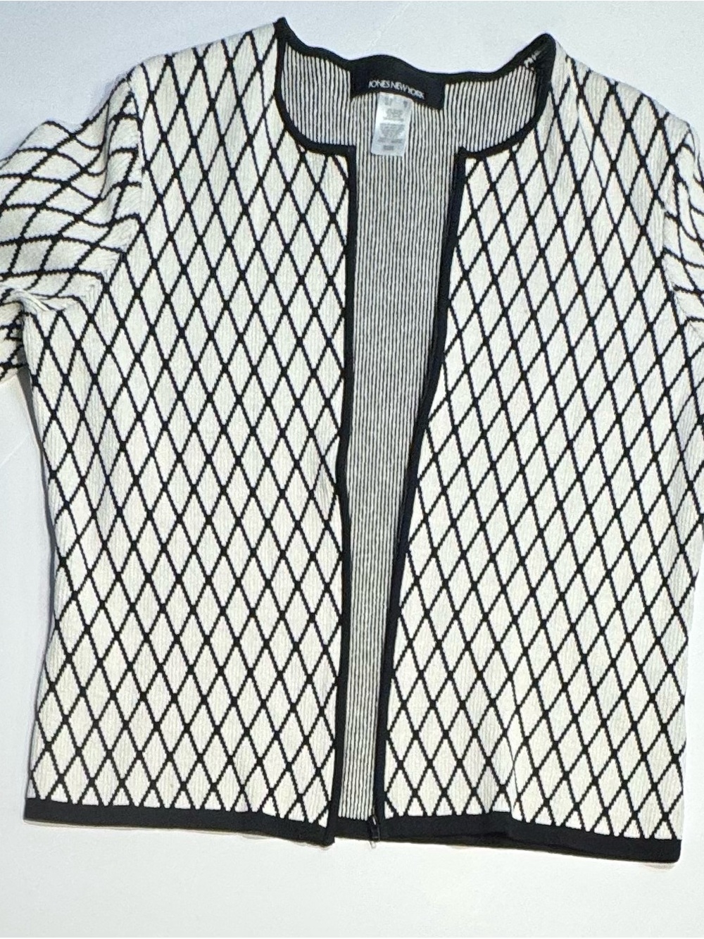 Jones New York Black & White Diamond-Pattern Open Cardigan